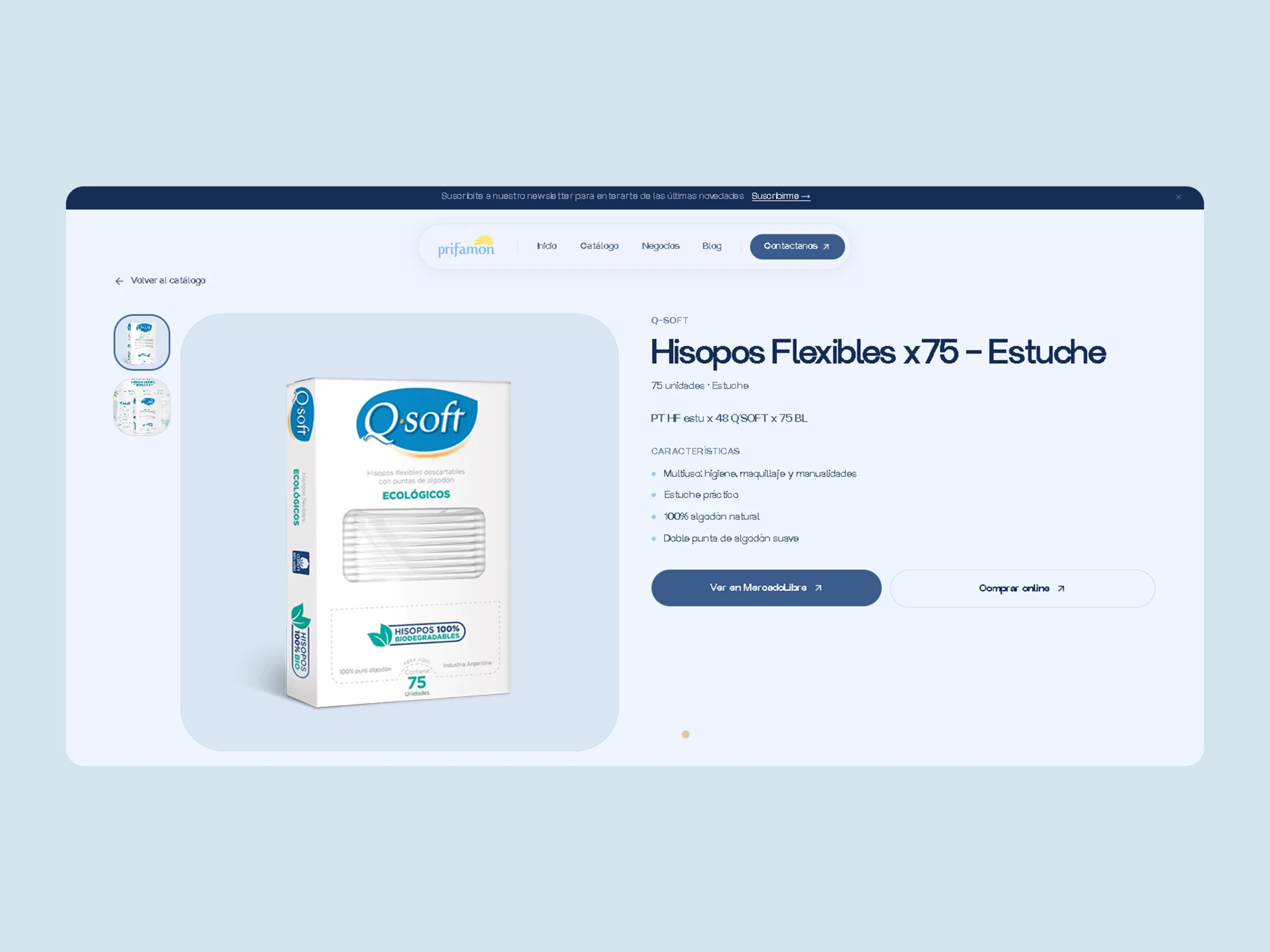 Ficha de producto con botones para ver en MercadoLibre y comprar online.