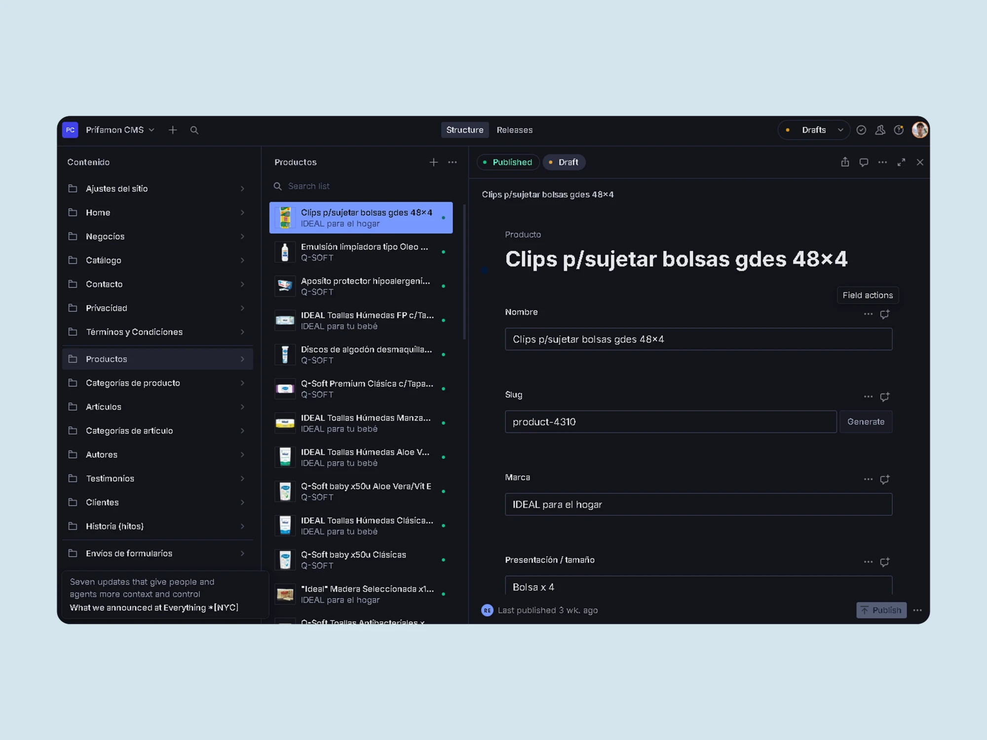 Gestor de contenidos de Prifamon en Sanity con la lista de productos.