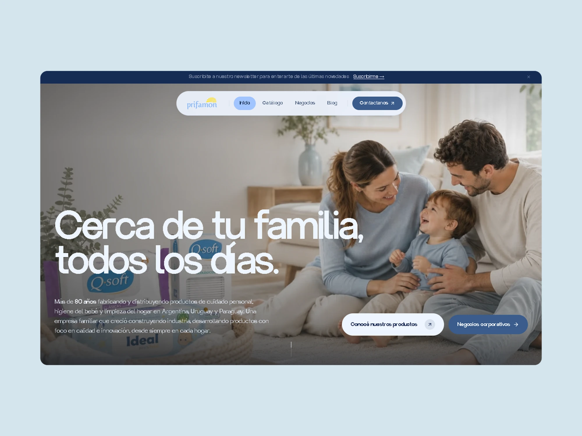 Home de Prifamon con el mensaje “Cerca de tu familia, todos los días.”