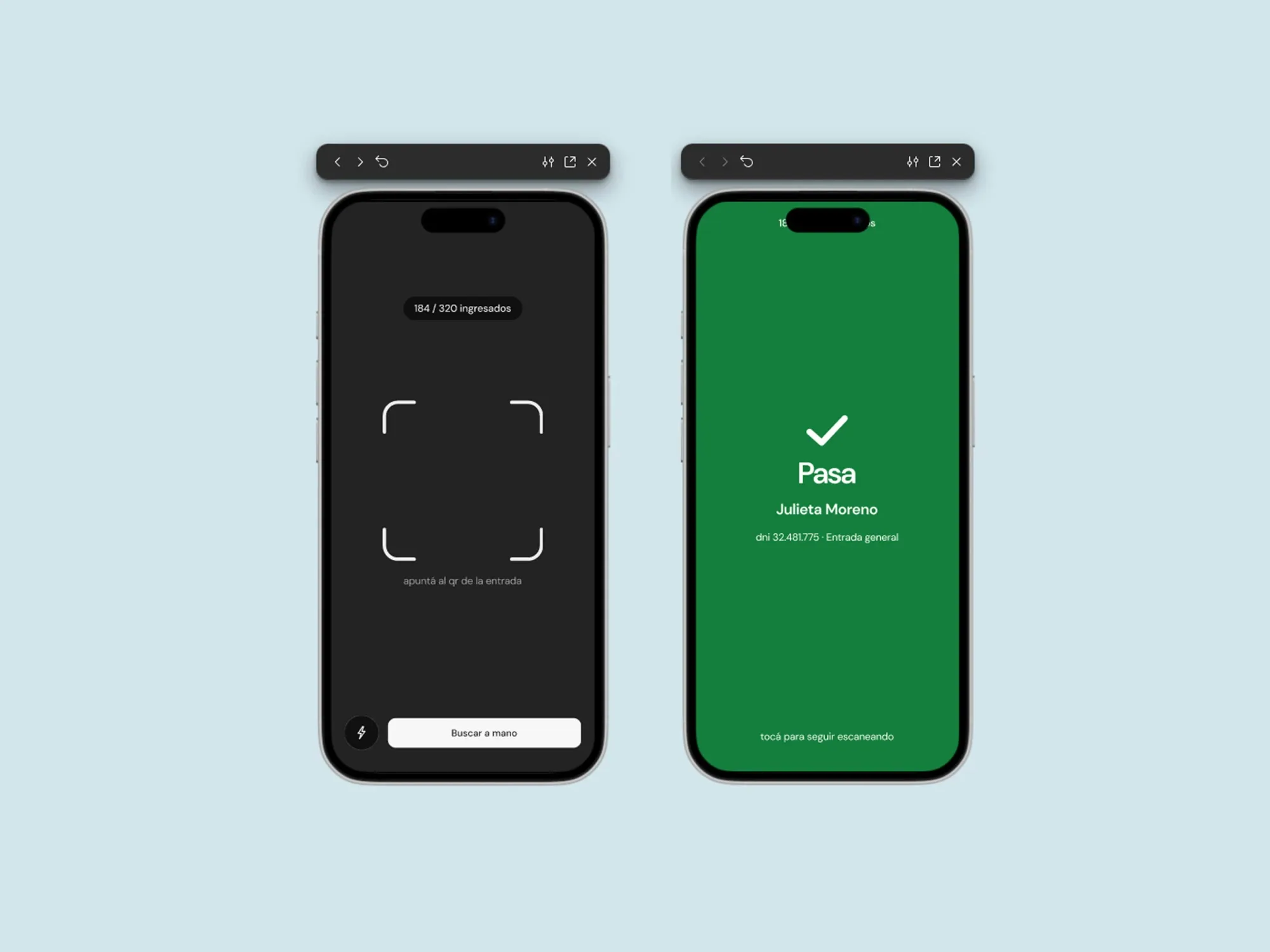 Pantalla de escaneo de entradas de TCKT en un teléfono.